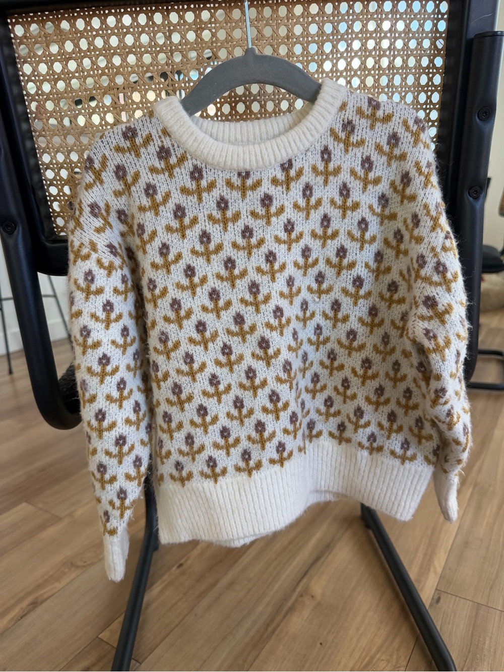 Rylee + Cru Cream Knit Sweater with Mustard and Brown Floral Pattern